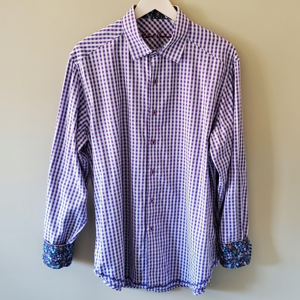 NWOT Robert Graham L Purple Gingham Flip Cuff Dress Shirt Retro Eclectic Grandpa
